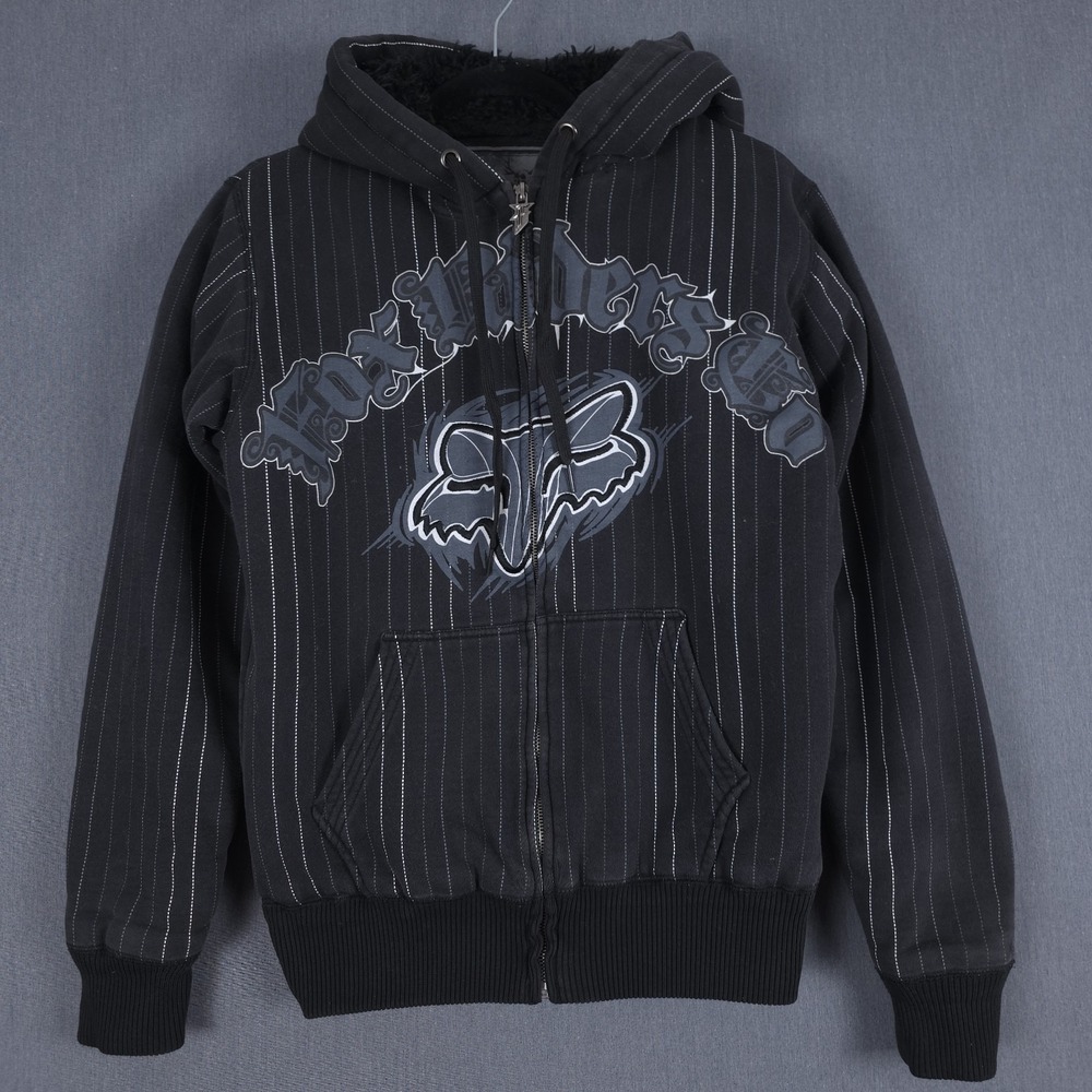 Fox‎ Racing Riders Sasquatch Hoody Size Small Gray Pinstripe Full Zip Y2K Hoodie